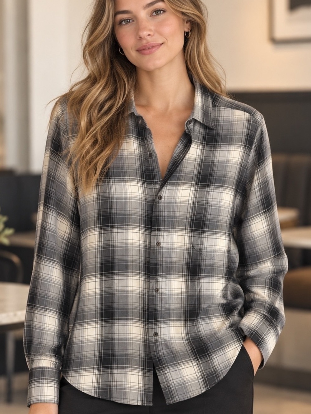 Elaine Kim 100% Cupro Plaid Button-Down Blouse Made in Japan